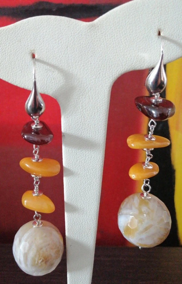 Orecchini Pendenti Ambra marrone/gialla Donna Argento 925 pietre naturali quarzo - Immagine 3 di 4