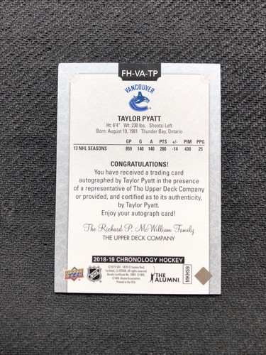 2018-19 UPPER DECK CHRONOLOGY TAYLOR PYATT FRANCHISE HISTORY AUTO #FH-VA-TP - Picture 2 of 2