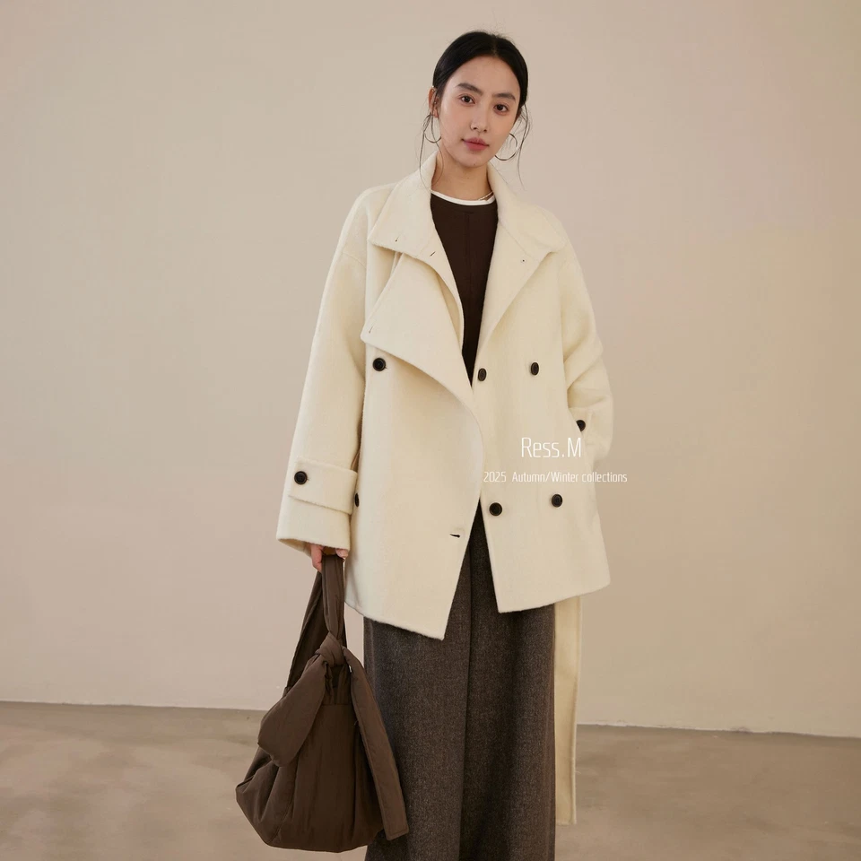 Winter Women's Stand Collar Cashmere Sheep Wool Cashmere Short Loose Long Coats - Image 3 of 4