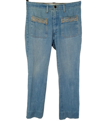 VTG 1970s' 49R  Belgium  Denim Jeans women's  pants braided pockets 30 x 27