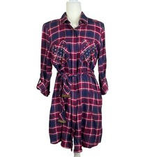 Michael Kors Womens L Red Plaid Studded Roll Tab Belted Shirt Dress Button-Up