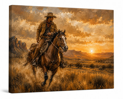 Western Cowboy Canvas Wall Art Horse Riding Rustic Ranch Landscape Decor Print