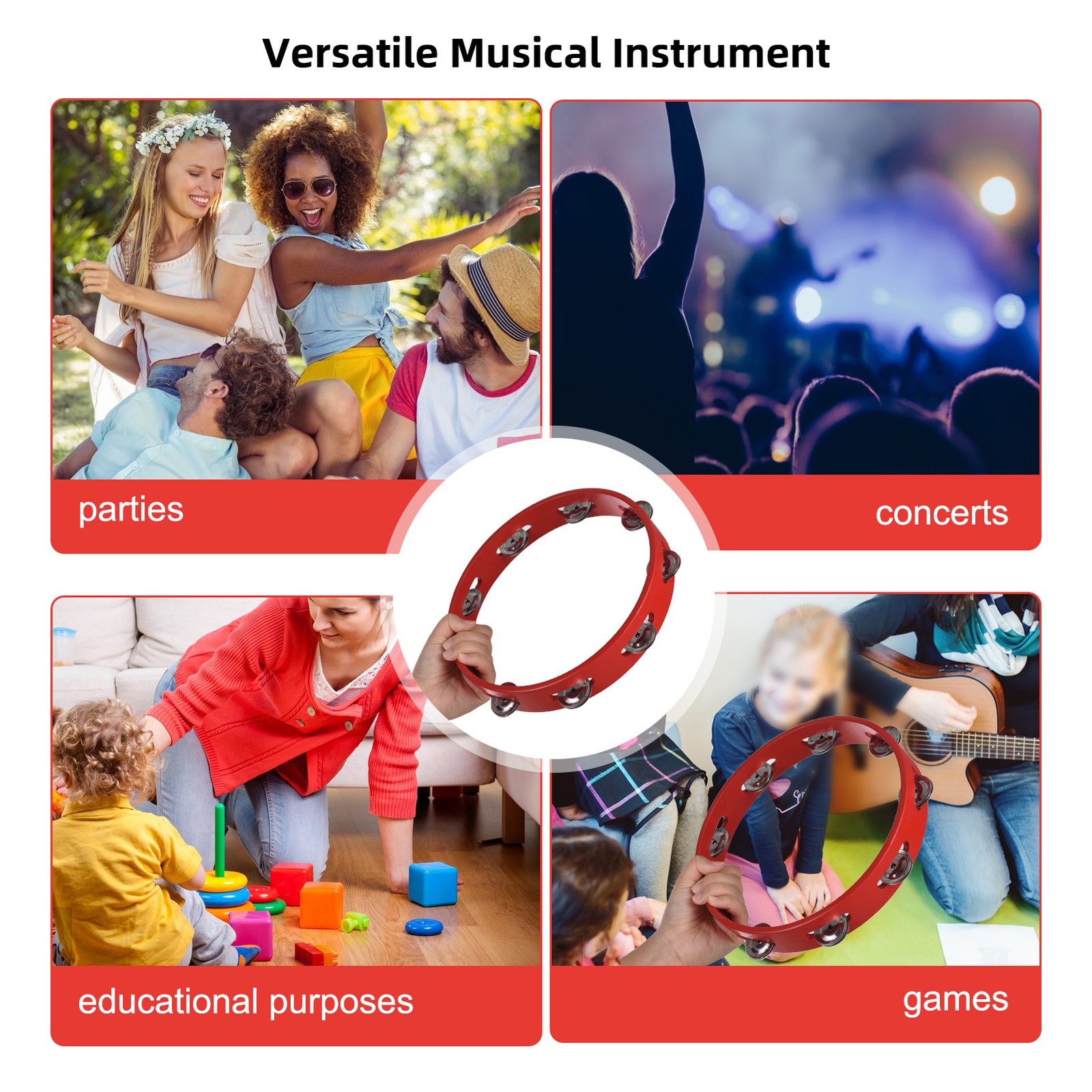 10-inch Tambourine For Adults Pleasant Jingle Sound Red Hand Cranked Bell Ri BAJ