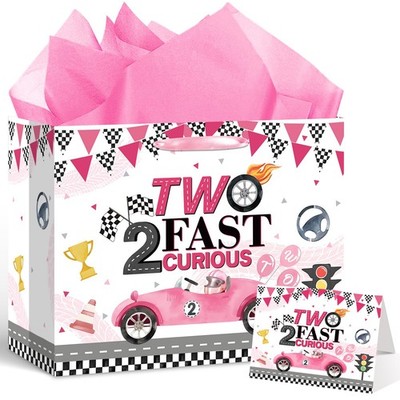 Happy 2nd Birthday Gift Bag for Girls Pink Two Fast 1 Count (Pack of 1),