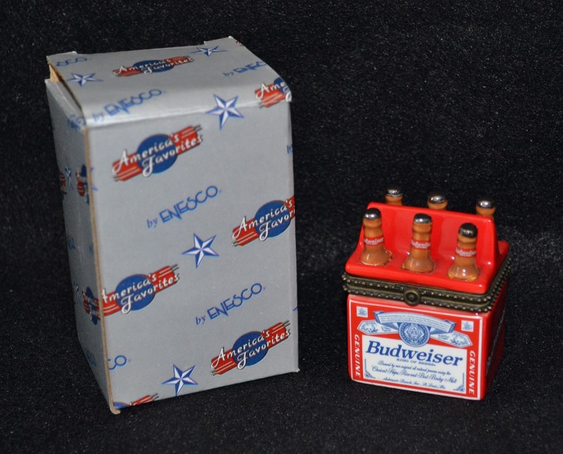 Vintage Budweiser Six 6 Pack Bottles Beer Hinged Porcelain Trinket Box by Enesco