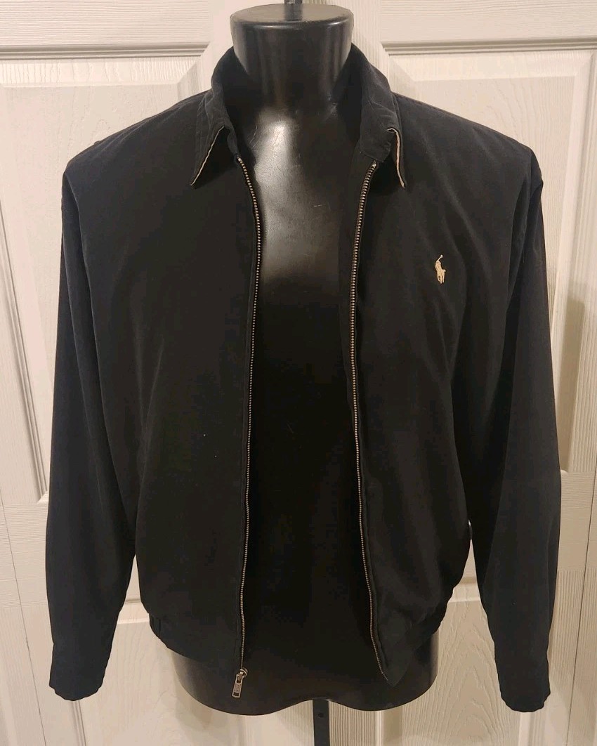 Vintage 90s Polo Ralph Lauren Harrington Bi-Swing Jacket Black Cotton Size M