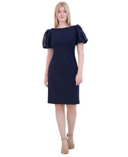 Eliza J Womens Sequined Puff-Sleeve Boat-Neck Sheath Dress EJ4M3056 Navy Blue 2