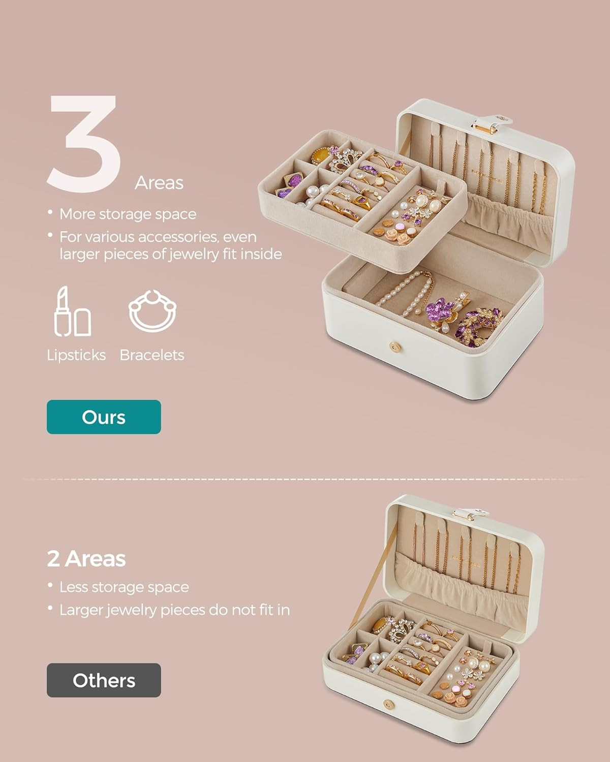 SONGMICS Jewelry Organizer Box, 2-Layer Travel Case for Earrings, Necklaces, Bra