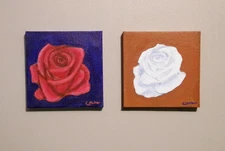 Roses Original Painting Set by Chris Miller Red & White Flowers 4x4 Wall Art
