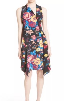 Diane Von Furstenberg Black Floral Silk Sleeveless Asymmetric Dress Size 2 Aa23