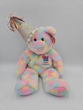 Ty Beanie Buddies Buddy Happy Birthday Bear 14" Pastel Tie-dye Plush 2003- NWT