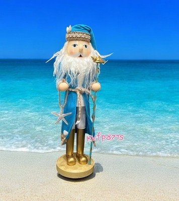 Wooden 14  Christmas Beach Santa Nutcracker Decor Glitter Nautical Sea Shell NWT