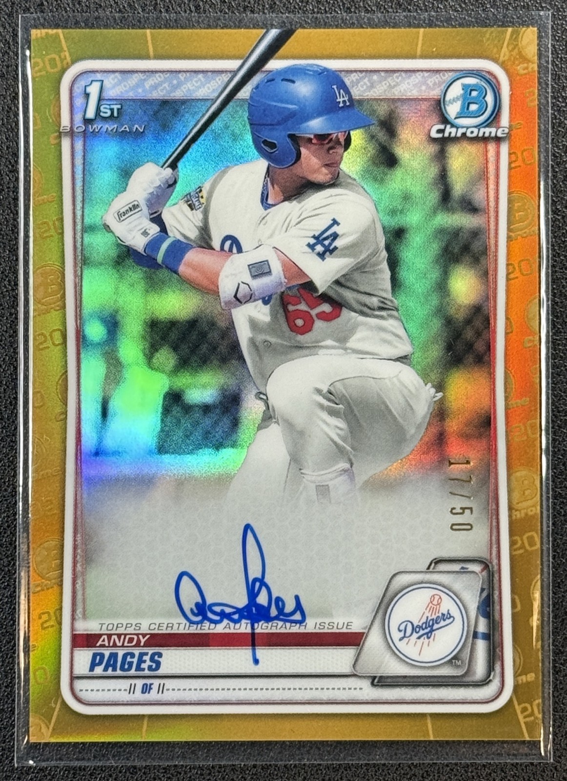 ANDY PAGES 2020 BOWMAN CHROME PROSPECT AUTO TRUE GOLD REFRACTOR 1ST RC 17/50