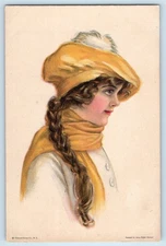 c1910's Pretty Woman Braided Curly Hair With Hat Edward Gross Antique Postcard
