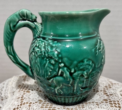 Vtg 1940 Wedgewood Queensware of Etruria pitcher hunt scene horses hounds green - Picture 2 of 13