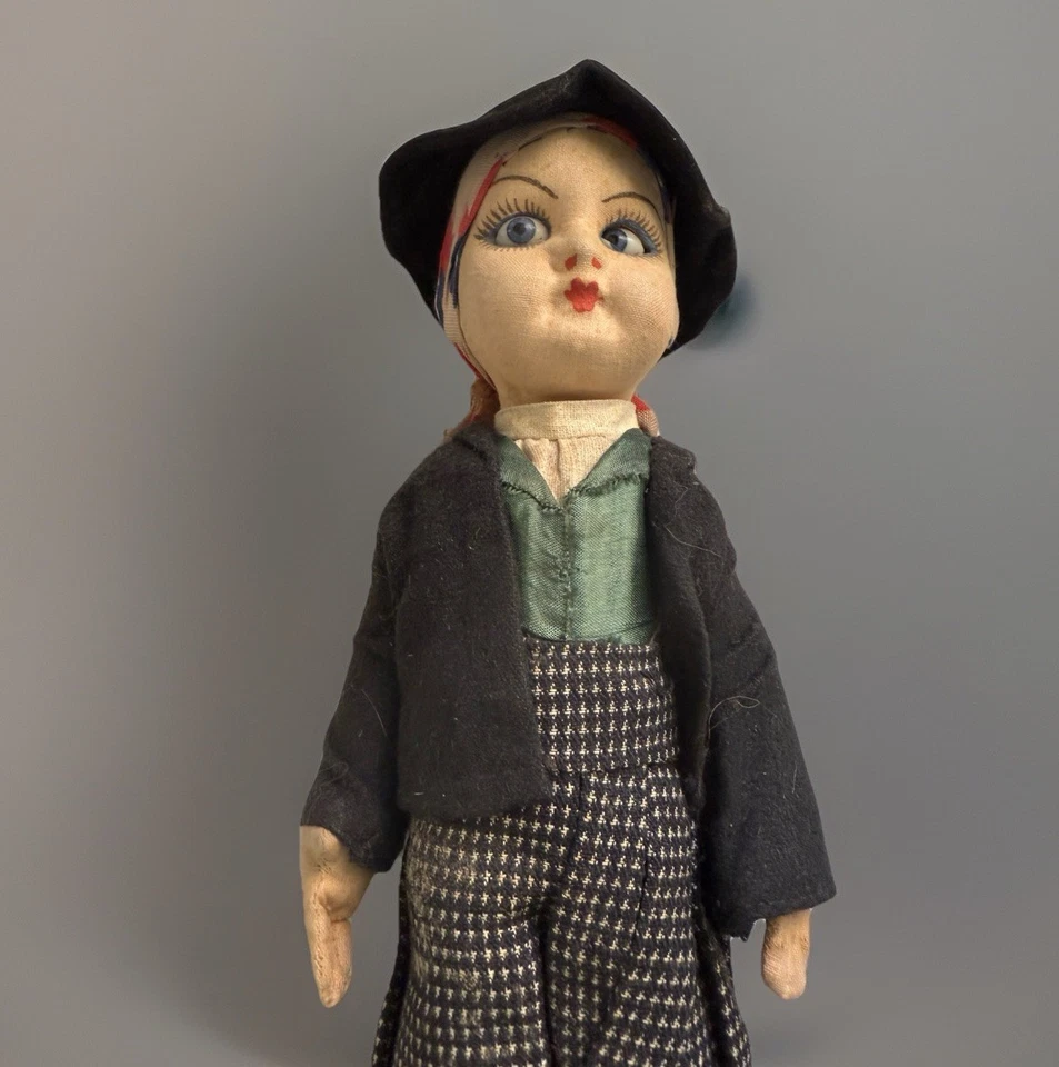 Vintage 1940s Cloth-Over-Composition Doll 10” Glass Eyes Handmade European Folk - Image 2 of 4