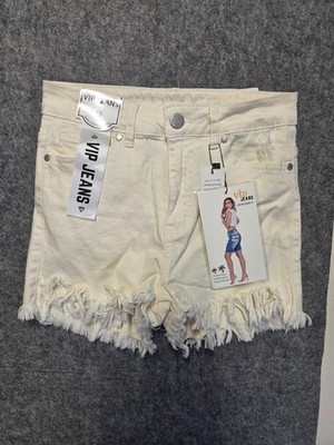 VIP Young Girl's Denim Shorts White Size 3/4 Belted Loops Raw Hem Waist Button