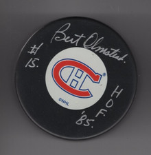 BERT OLMSTEAD SIGNED & INSCRIBED MONTREAL CANADIENS HOCKEY PUCK JSA COA