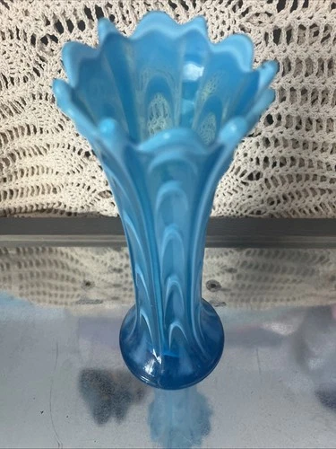 Fenton Blue Opalescent Reverse Drapery Boggy Bayou Novelty Vase 10”