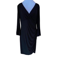 Lauren Ralph Lauren LRL Black V-Neck Ruched Dress Bell Sleeve Size 14 New LBD