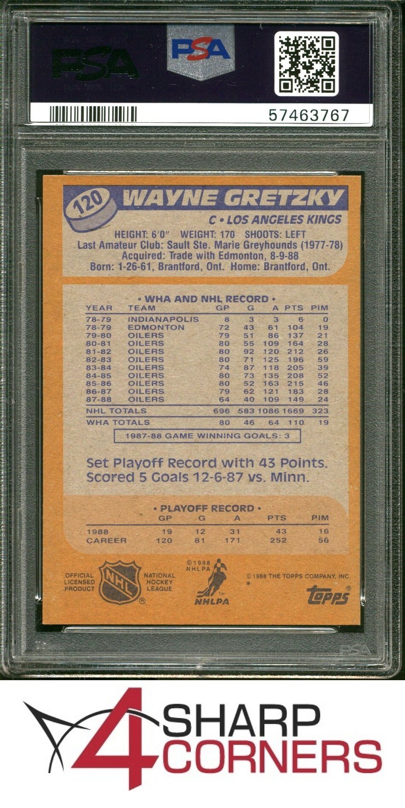 1988 TOPPS #120 WAYNE GRETZKY KINGS HOF PSA 9 view 2