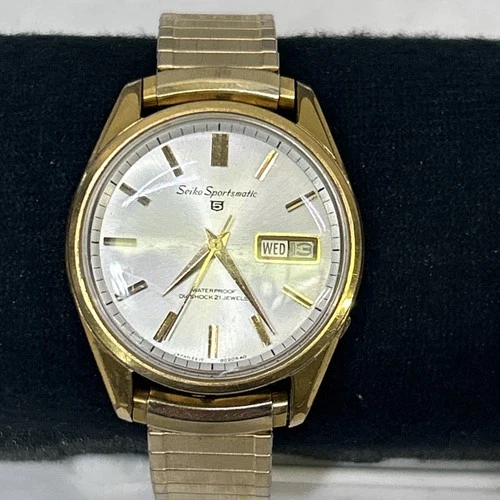 Vintage 1966 Men’s Seiko SPORTSMATIC 5 DIASHOCK 21 Jewels watch Gold Band WORKS!