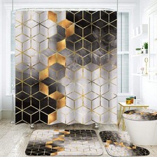 4Pcs Black Gradient Shower Curtain SetBlack Marbling Golden Cubic Lines Bathr...