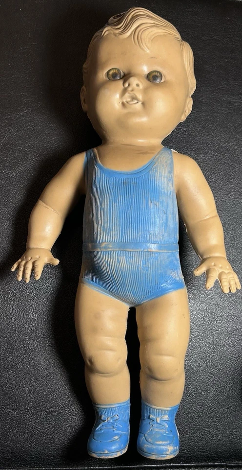 De colección Años 50 TOD-L-TIM Bebé Muñeca Sol Goma Chirriante Juguete EE. UU. Niño Azul Conjunto Zapatos Foto 2 de 4
