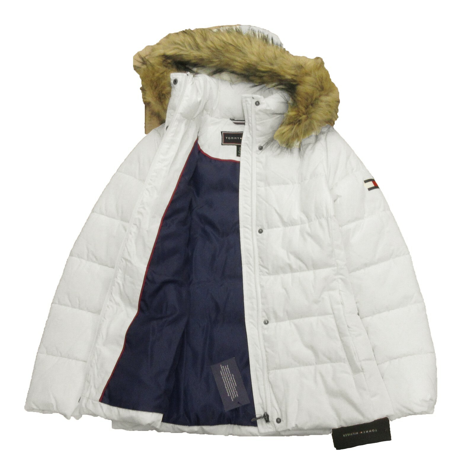 Tommy Hilfiger Women&#039;s White Quilted Puffer Faux Fur Hooded | eBay