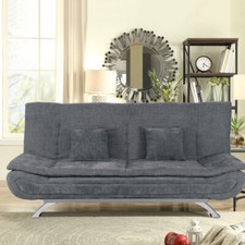 Linen Fabric Sofa Bed 3 Seater Cushioned Metal Legs Sofabed Couch Convertible