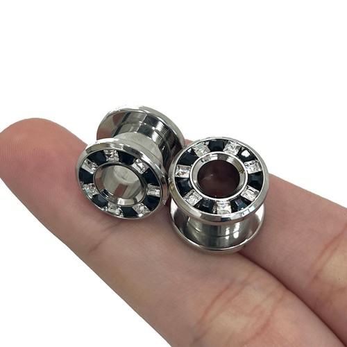 Surgical Steel Pressed Rimmed Black Clear CZ Screw Tunnel Ear Plugs Sold as Pair - Picture 22 of 26