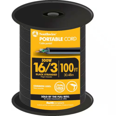 100 Ft. 16/3 600-Volt CU Black Flexible Portable Power SOOW Cord Multiple Uses