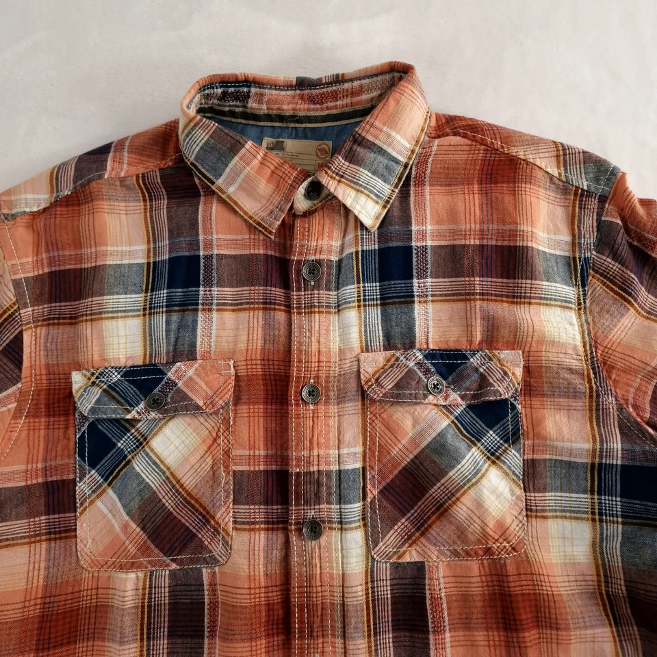 North Coast Shirt Mens Medium Orange Check Plaid Western Country Linen Blend - Image 3 of 4