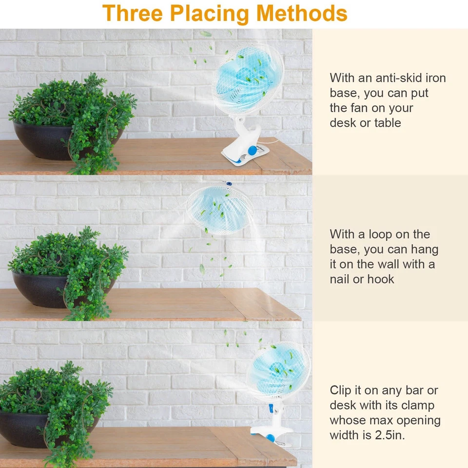 8.6" Oscillating Quiet Fan Stand Up Wall Mount Clip on Circulating Fan w/ 2Mode - Image 4 of 4