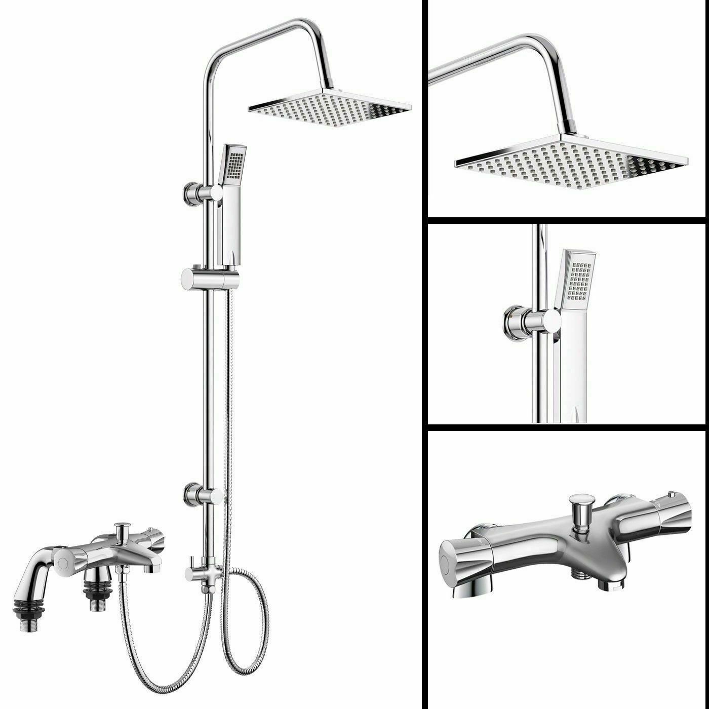 Thermostatic Rigid Riser Shower Rail Kit Bath Shower Set Chrome Square