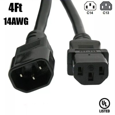 4FT 14AWG Power Cord Extension C13 to C14 IEC 320 3-Prong 14/3 Cable 125V 15A UL