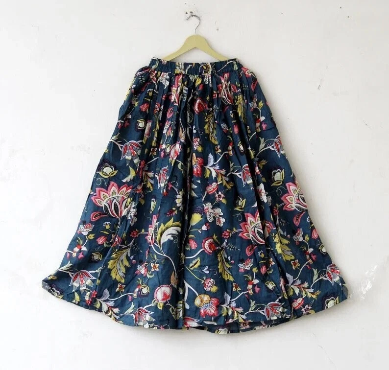 Indian Blue Long Floral Skirt Cotton Skirt, Long Skirt, Free Size Beachwear AU
