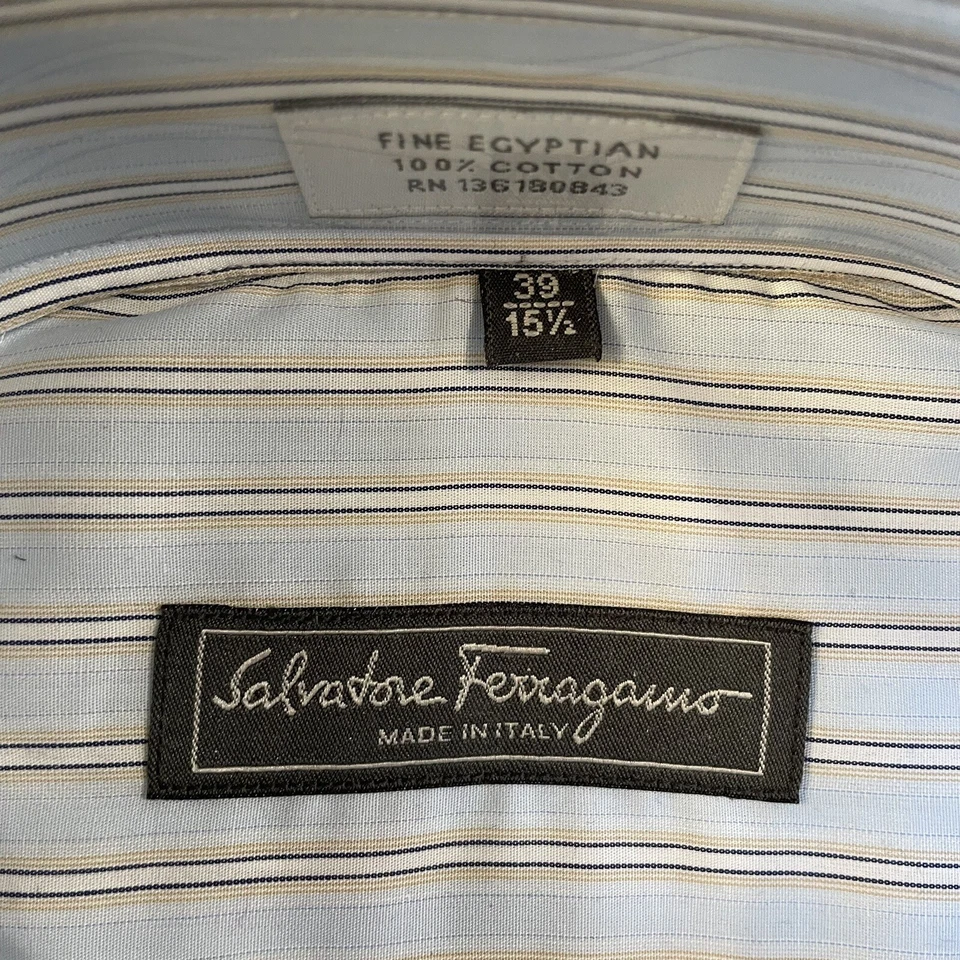 Camisa de vestir para hombre Salvatore Ferragamo talla 15,5/39 azul a rayas nueva con etiquetas $265 Foto 3 de 4