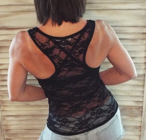 Very Sexy Sleeveless Racerback Lace Sheer Low Cut Cleavage Cami Tank Top Black - Picture 5 of 9