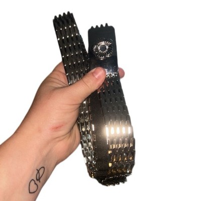 Fish Scale Belt With Flower Buckle Silver Tone Metallic Shiny Glam Vintage