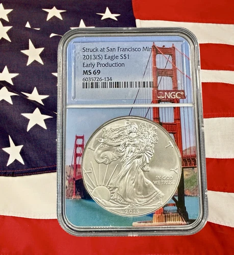 🦅2013-S Early Production Silver Eagle NGC MS69 San Francisco Bridge Core🦅