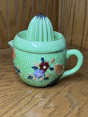 Vintage Majolika Zitrus Reibahle & Krug handbemalt grün/blumig Japan perfekt - Bild 1 von 10