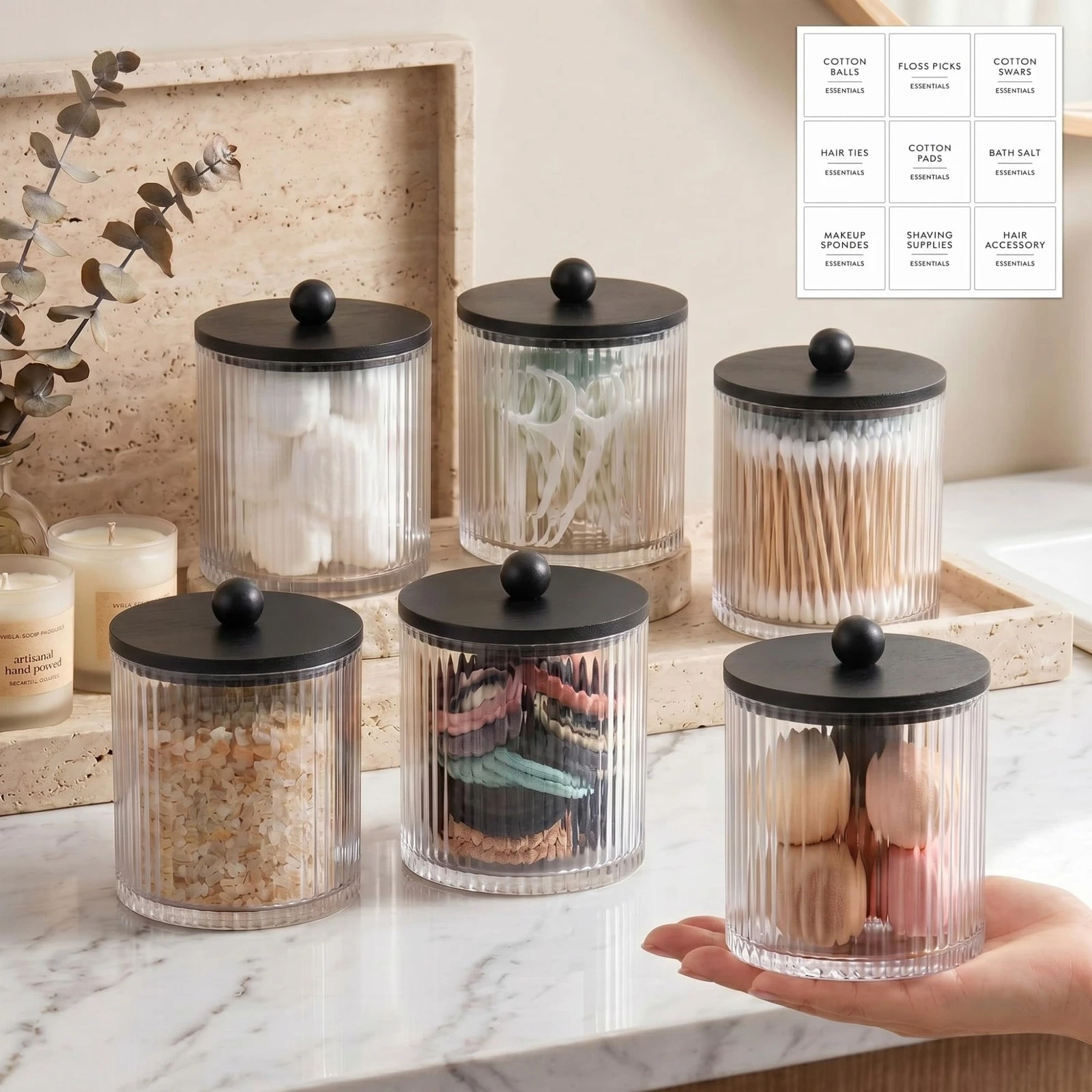 6 Pcs Ribbed Bathroom Canisters Apothecary Jars with Black Lids and Label Sti...