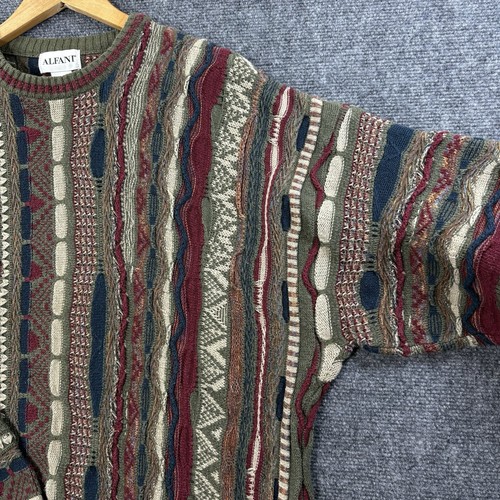 VTG ALFANI Coogi Style Sweater Mens XL Olive Green Red 90s 3D Knit Textured - Picture 7 of 18