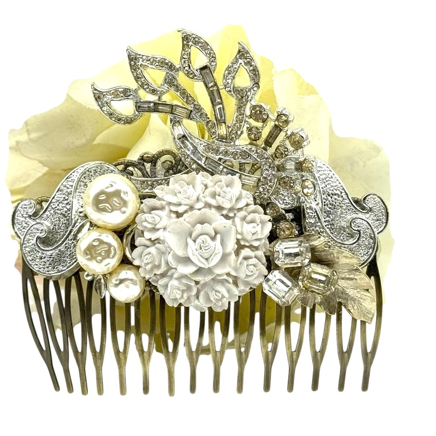 Bridal Pearl Hairpiece Wedding Rhinestone Comb Silver Vintage Jewelry Accessory - Image 2 of 4