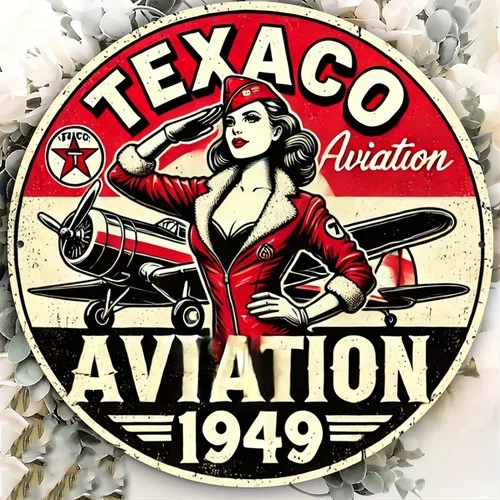 Tin Metal Sign Texaco Aviation 1949 Vintage Round Wall Art 8x8