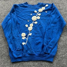 Sweats Appeal Sweatshirt Womens Medium Blue Crochet Floral Rhinestone USA Made