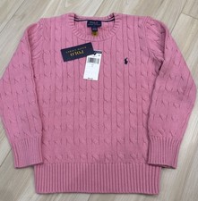 NWT Polo Ralph Lauren CARMEL PINK CABLE Knit Sweater Boy/Girl 7 NAVY PONY LOGO