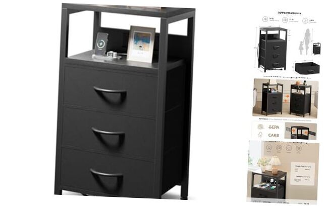 Black Nightstand with 3 Drawers & Bedside Charging Station-image
