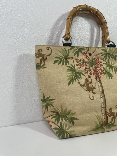 Vintage Bamboo Handle Canvas Purse Palm Trees & Monkeys Tropical Handbag - Picture 11 of 19